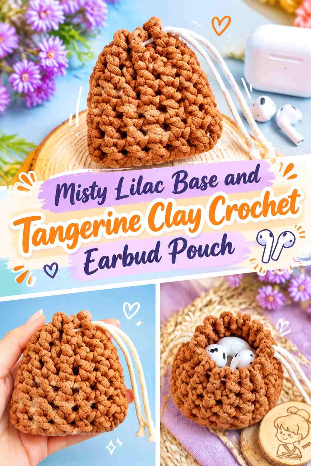 Misty Lilac Base and Tangerine Clay Crochet Earbud Pouch