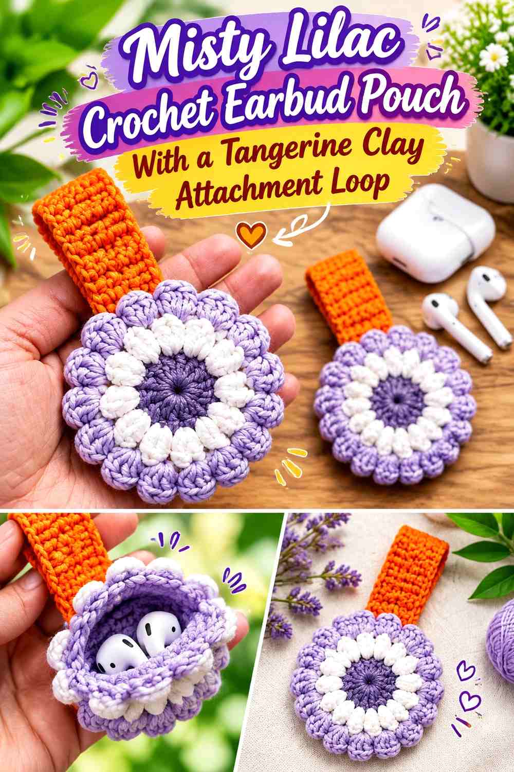 Misty Lilac Crochet Earbud Pouch With a Tangerine Clay Attachment Loop