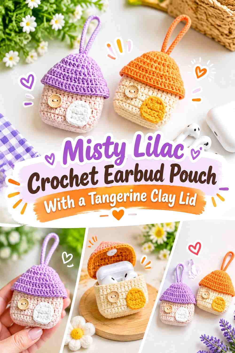 Misty Lilac Crochet Earbud Pouch With a Tangerine Clay Lid