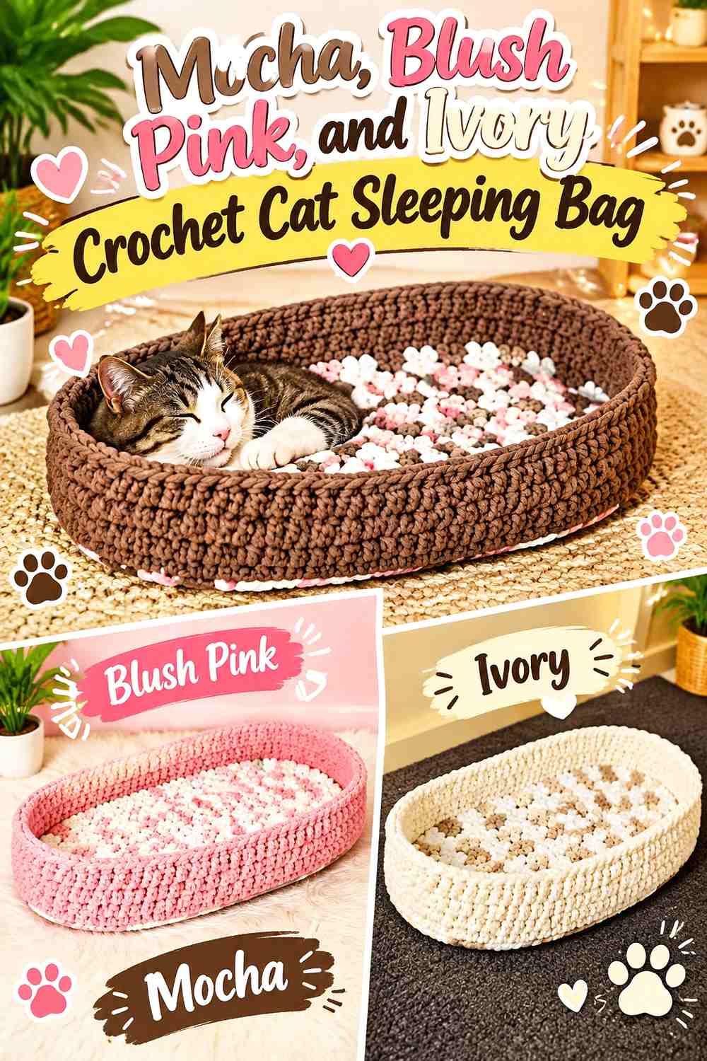 Mocha, Blush Pink, and Ivory Crochet Cat Sleeping Bag