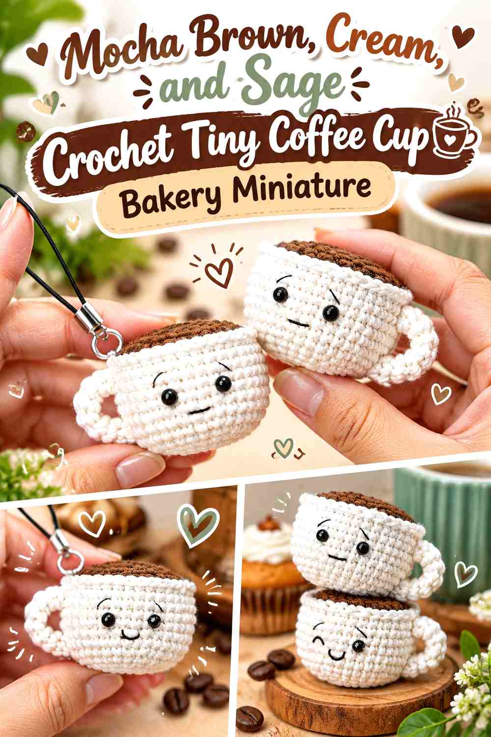 Mocha Brown, Cream, and Sage Crochet Tiny Coffee Cup Bakery Miniature