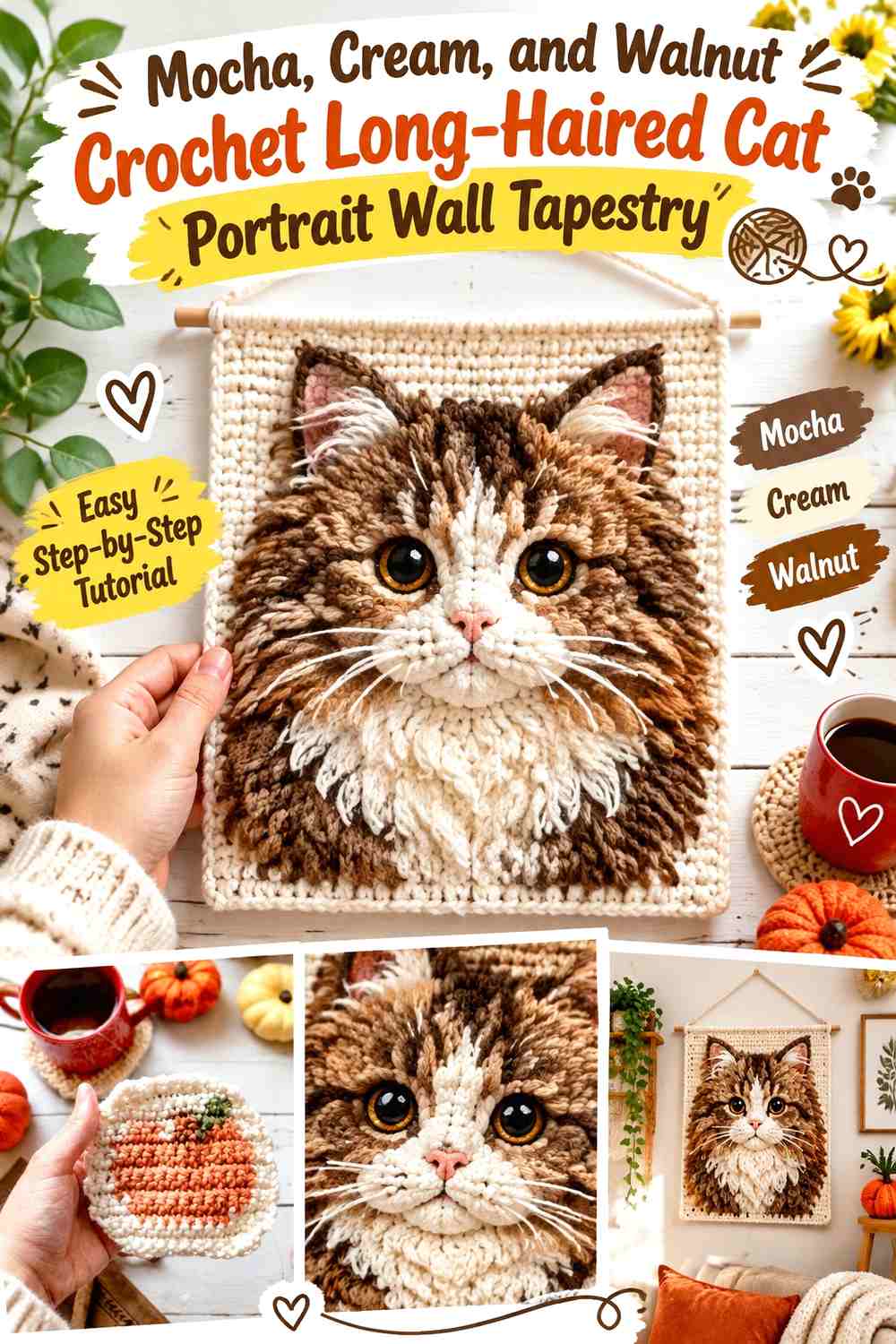 Mocha, Cream, and Walnut Crochet Long-Haired Cat Portrait Wall Tapestry