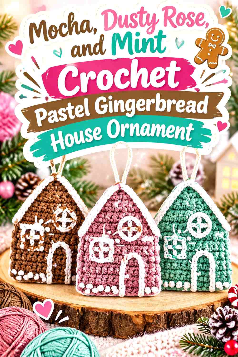 Mocha, Dusty Rose, and Mint Crochet Pastel Gingerbread House Ornament