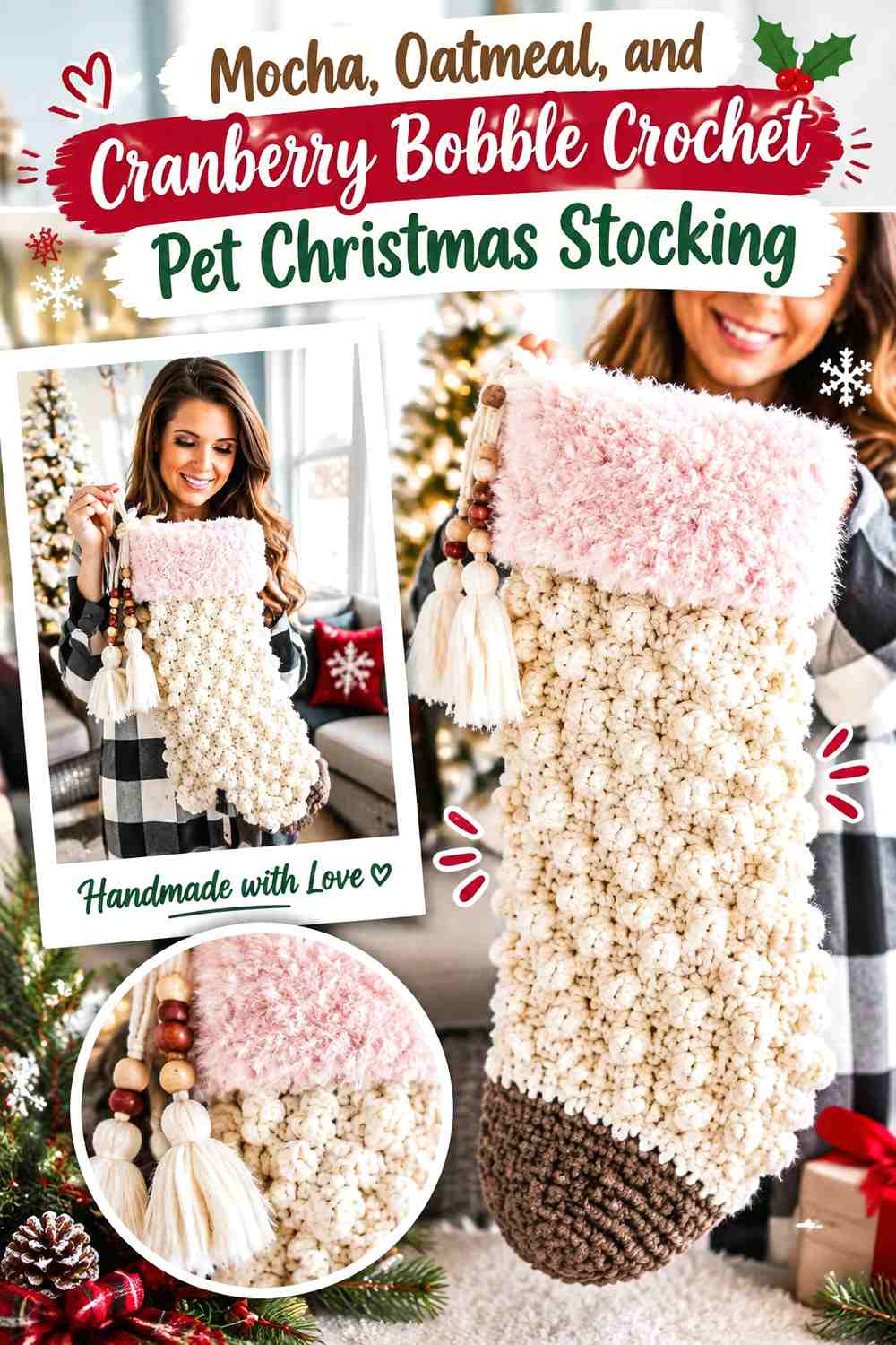 Mocha, Oatmeal, and Cranberry Bobble Crochet Pet Christmas Stocking