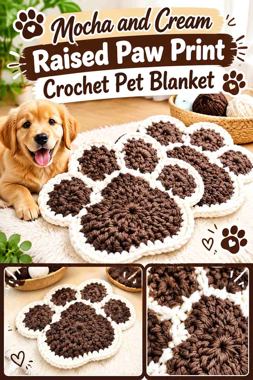 Mocha and Cream Raised Paw Print Crochet Pet Blanket
