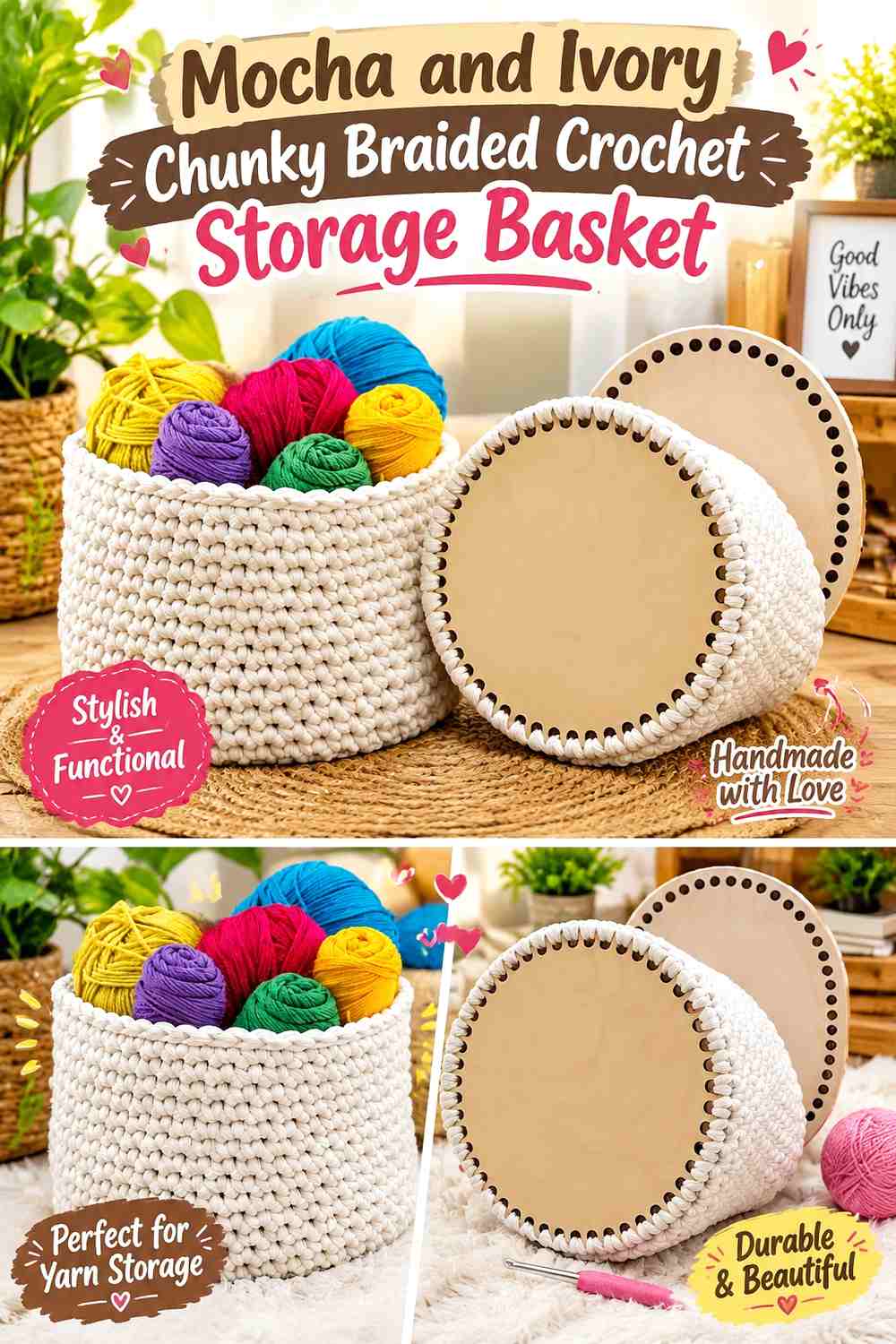 Mocha and Ivory Chunky Braided Crochet Storage Basket
