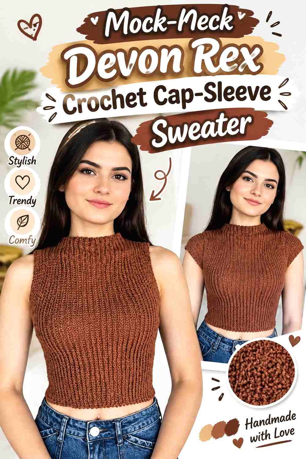 Mock-Neck Devon Rex Crochet Cap-Sleeve Sweater