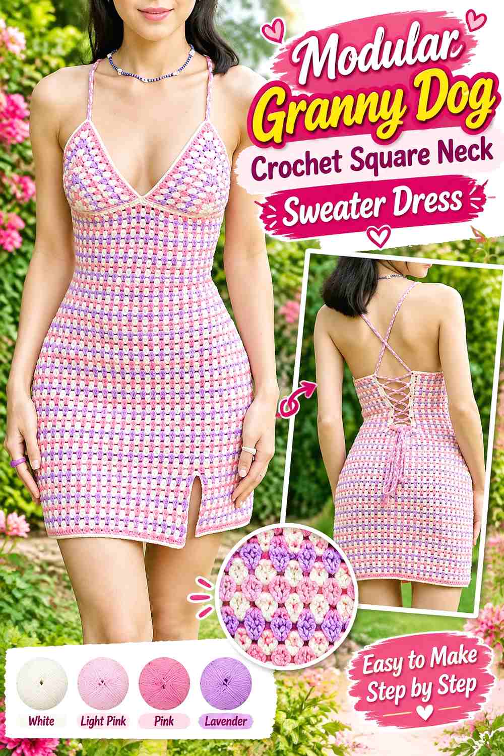 Modular Granny Dog Crochet Square Neck Sweater Dress