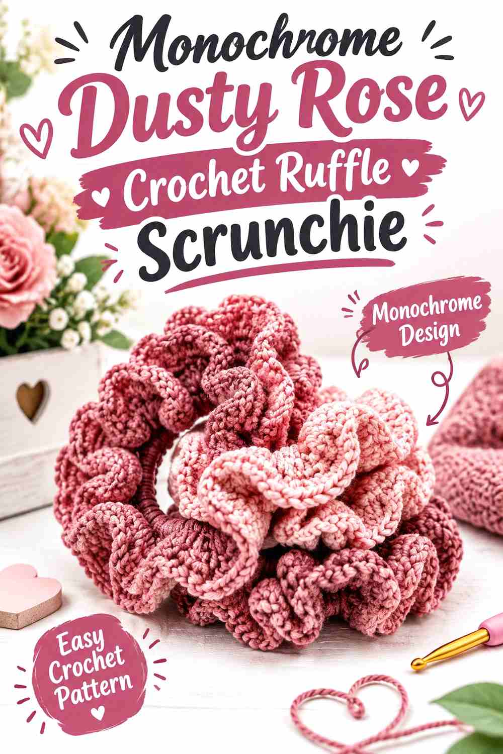 1. Monochrome Dusty Rose Crochet Ruffle Scrunchie