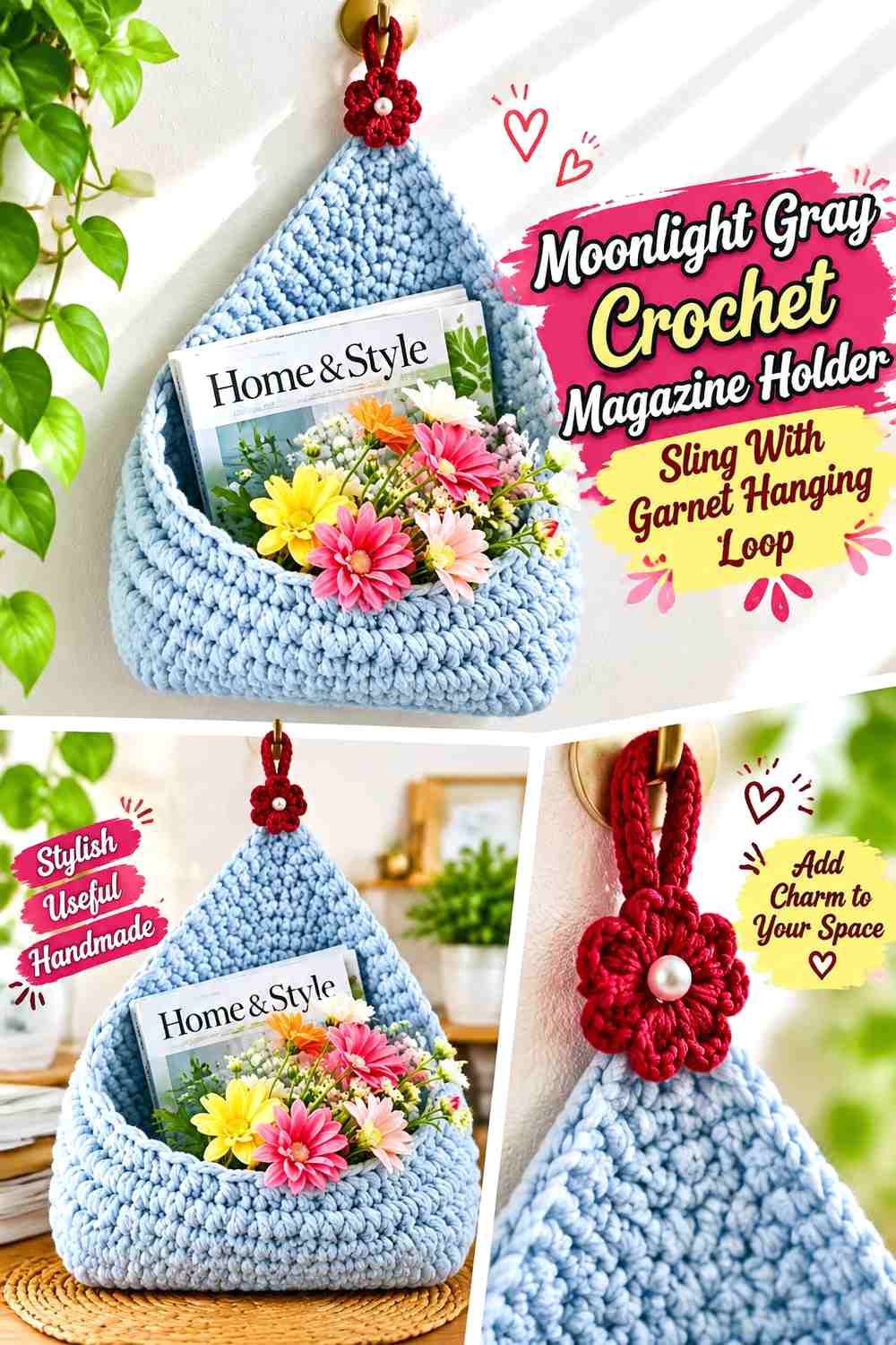 9. Moonlight Gray Crochet Magazine Holder Sling With Garnet Hanging Loop