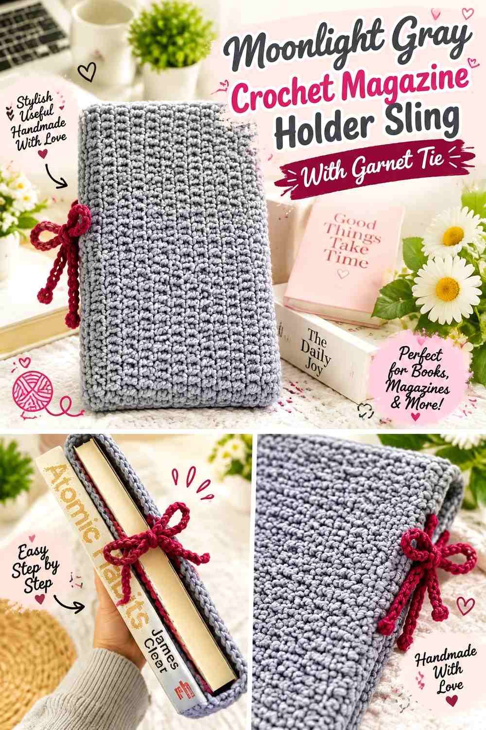 16. Moonlight Gray Crochet Magazine Holder Sling With Garnet Tie