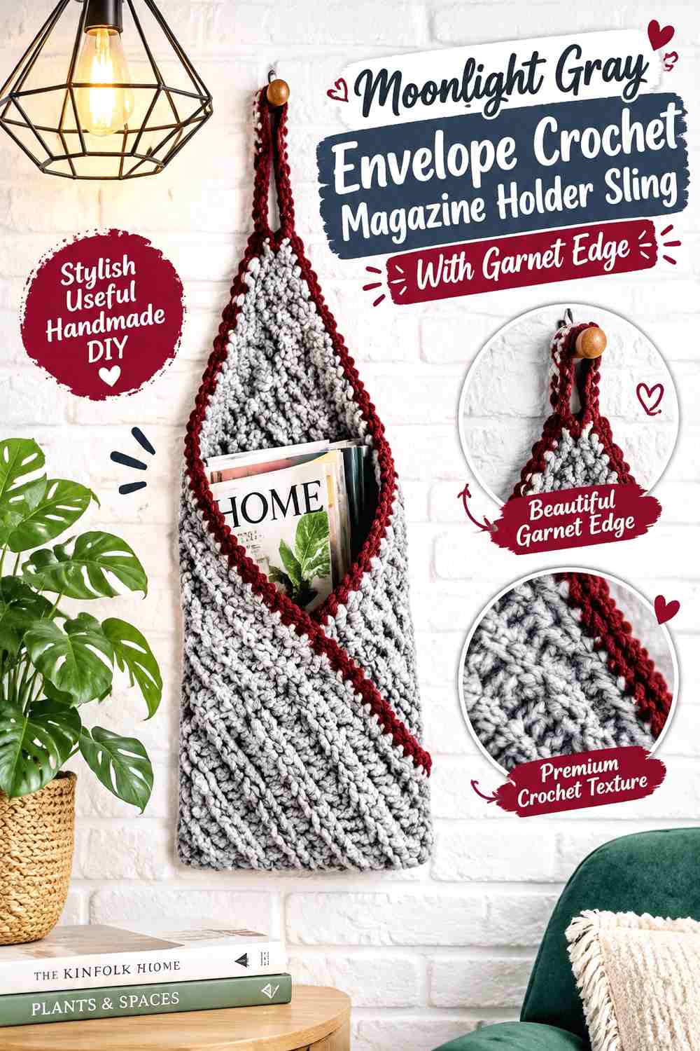 7. Moonlight Gray Envelope Crochet Magazine Holder Sling With Garnet Edge