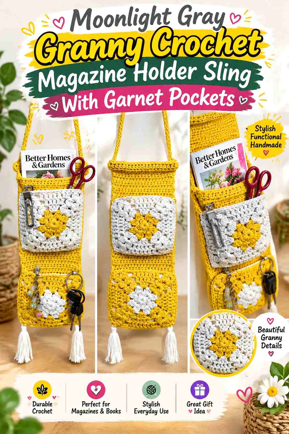 4. Moonlight Gray Granny Crochet Magazine Holder Sling With Garnet Pockets