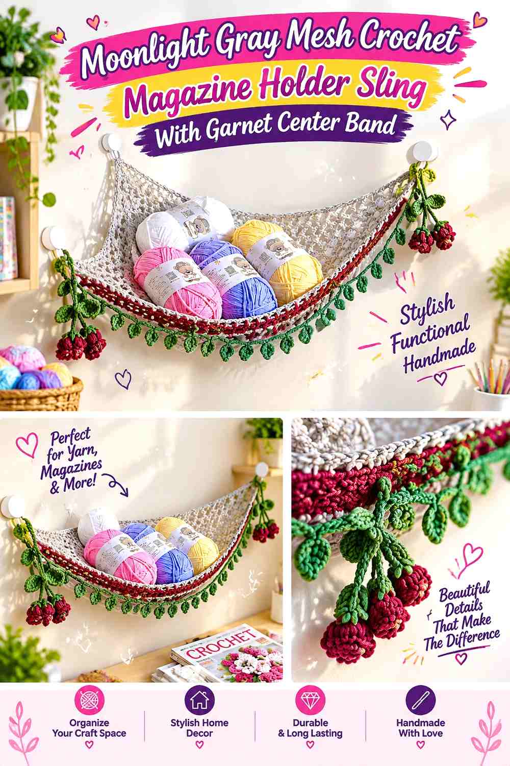 14. Moonlight Gray Mesh Crochet Magazine Holder Sling With Garnet Center Band