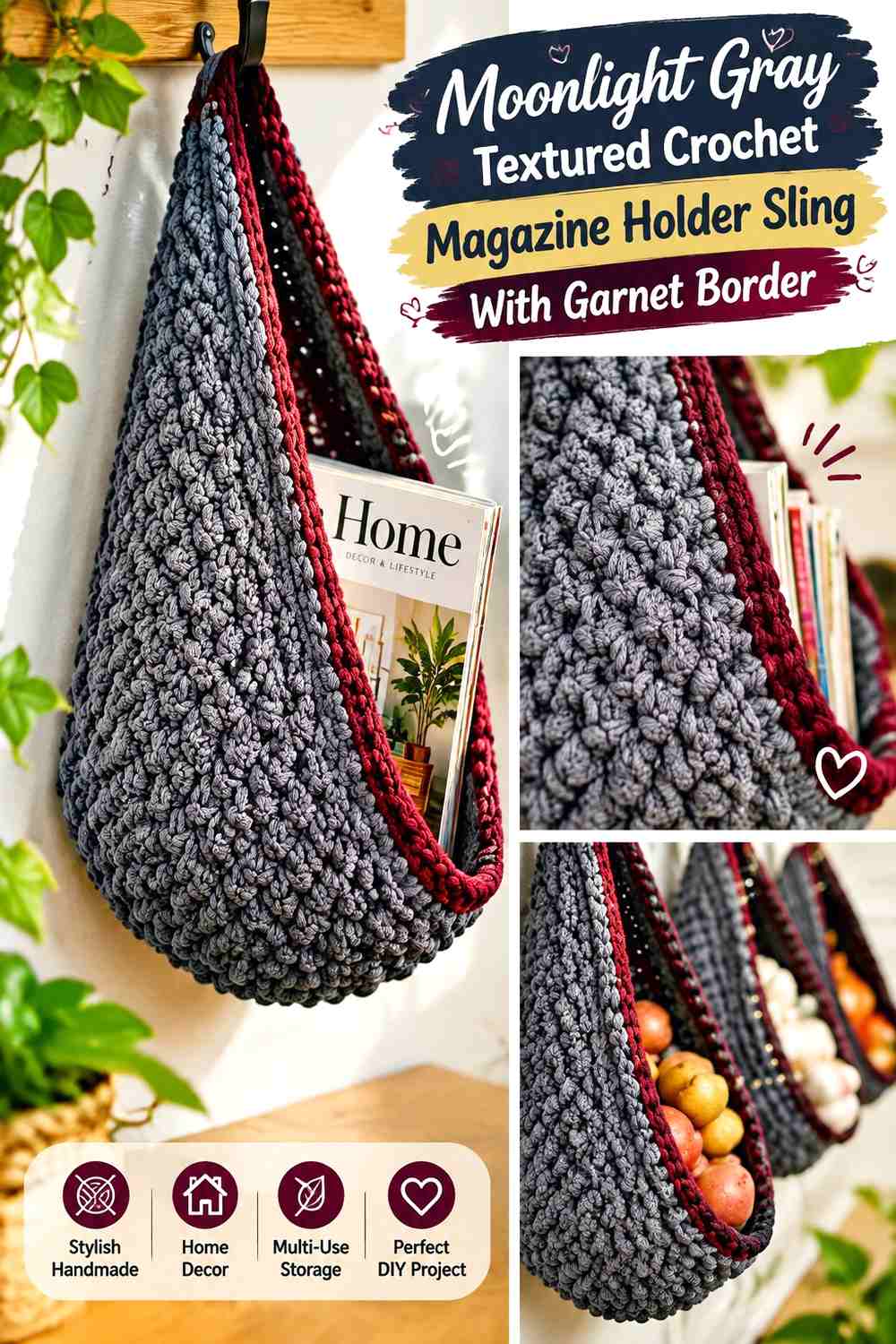 11. Moonlight Gray Textured Crochet Magazine Holder Sling With Garnet Border