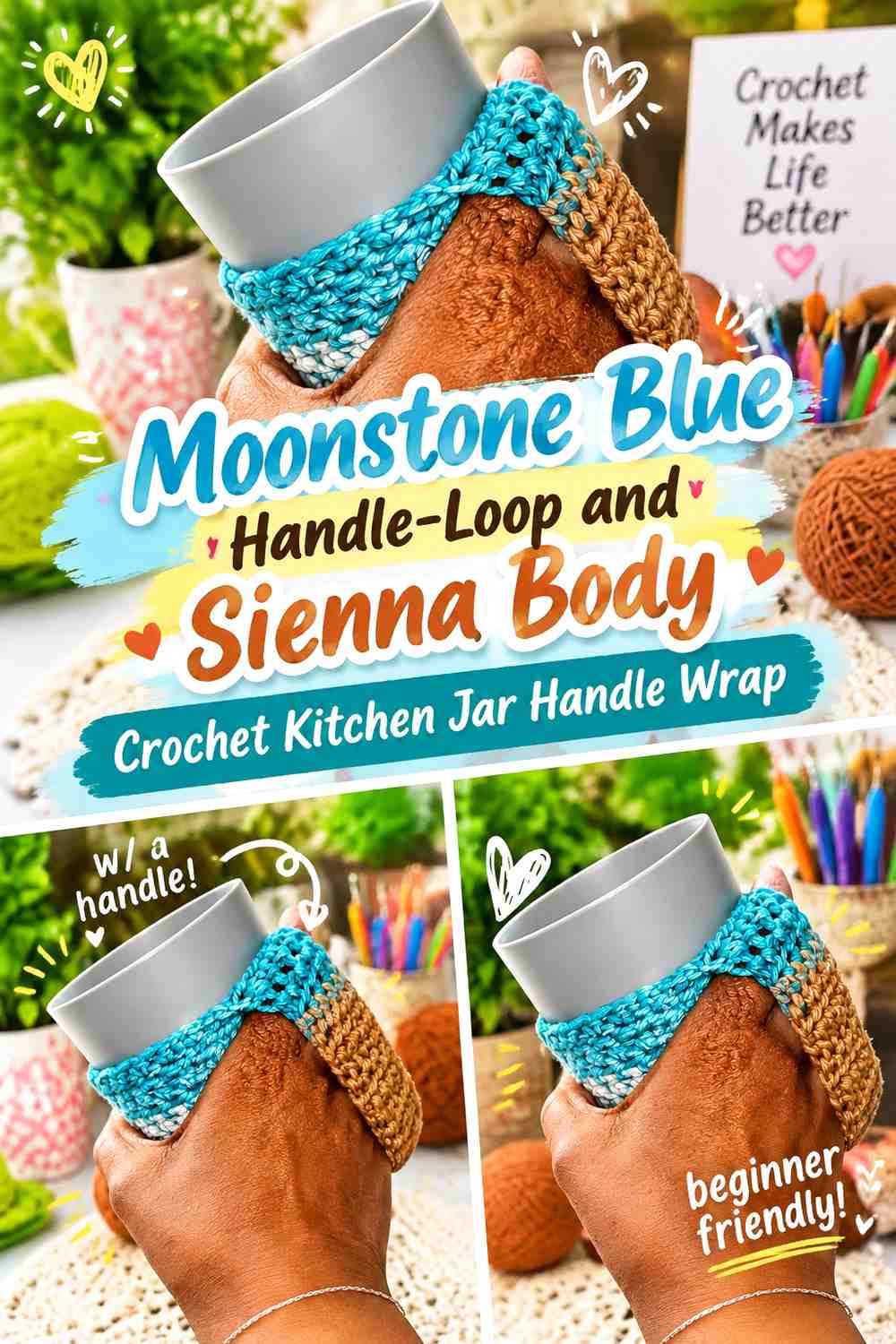 8. Moonstone Blue Handle Loop And Sienna Body Crochet Kitchen Jar Handle Wrap