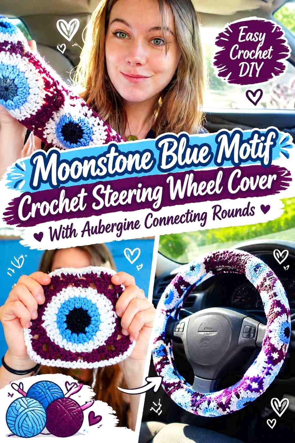 16. Moonstone Blue Motif Crochet Steering Wheel Cover With Aubergine Connecting Rounds