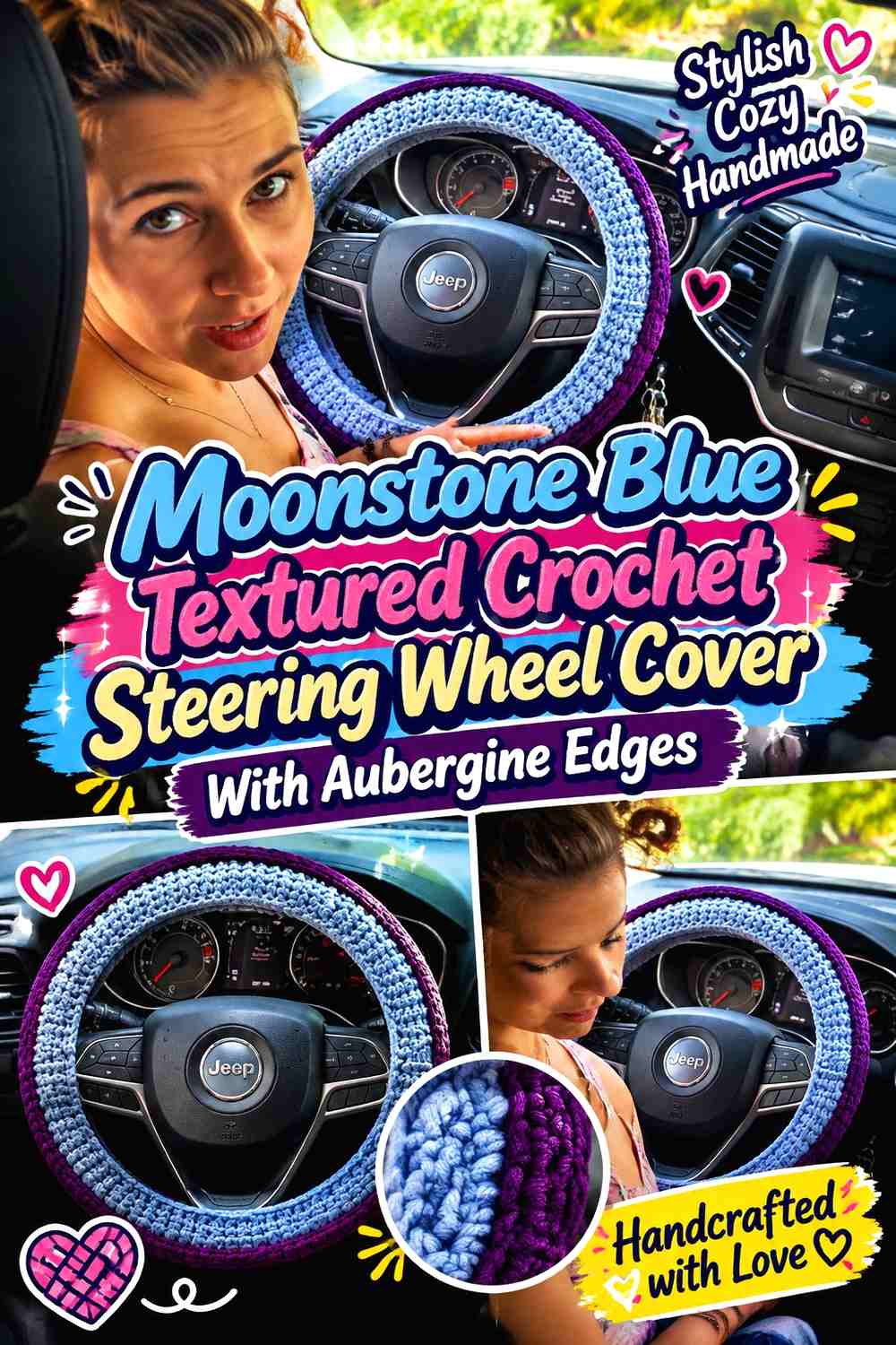 6. Moonstone Blue Textured Crochet Steering Wheel Cover With Aubergine Edges