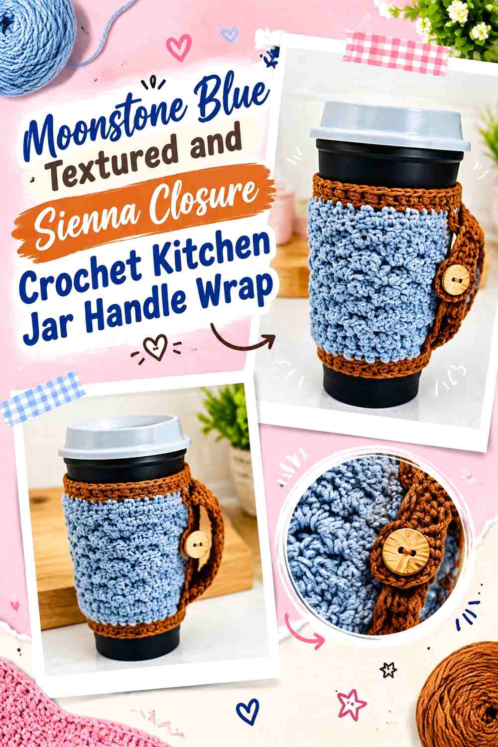 6. Moonstone Blue Textured And Sienna Closure Crochet Kitchen Jar Handle Wrap