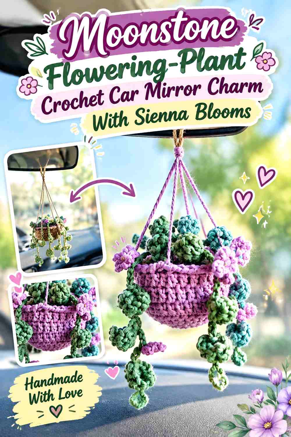 13. Moonstone Flowering Plant Crochet Car Mirror Charm With Sienna Blooms
