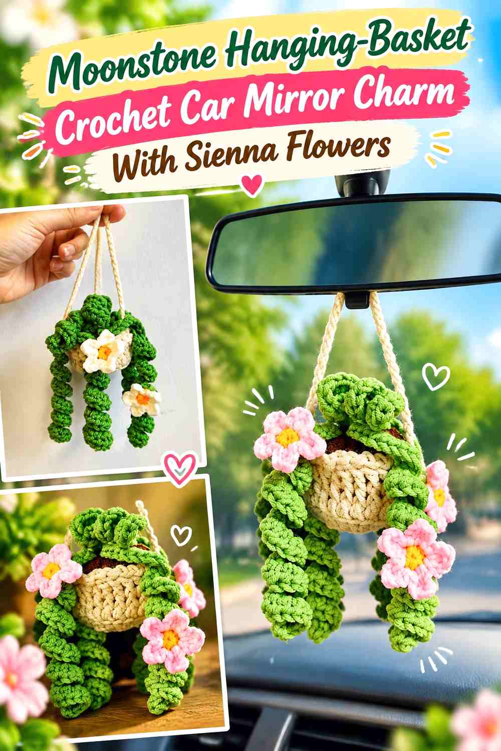 15. Moonstone Hanging Basket Crochet Car Mirror Charm With Sienna Flowers