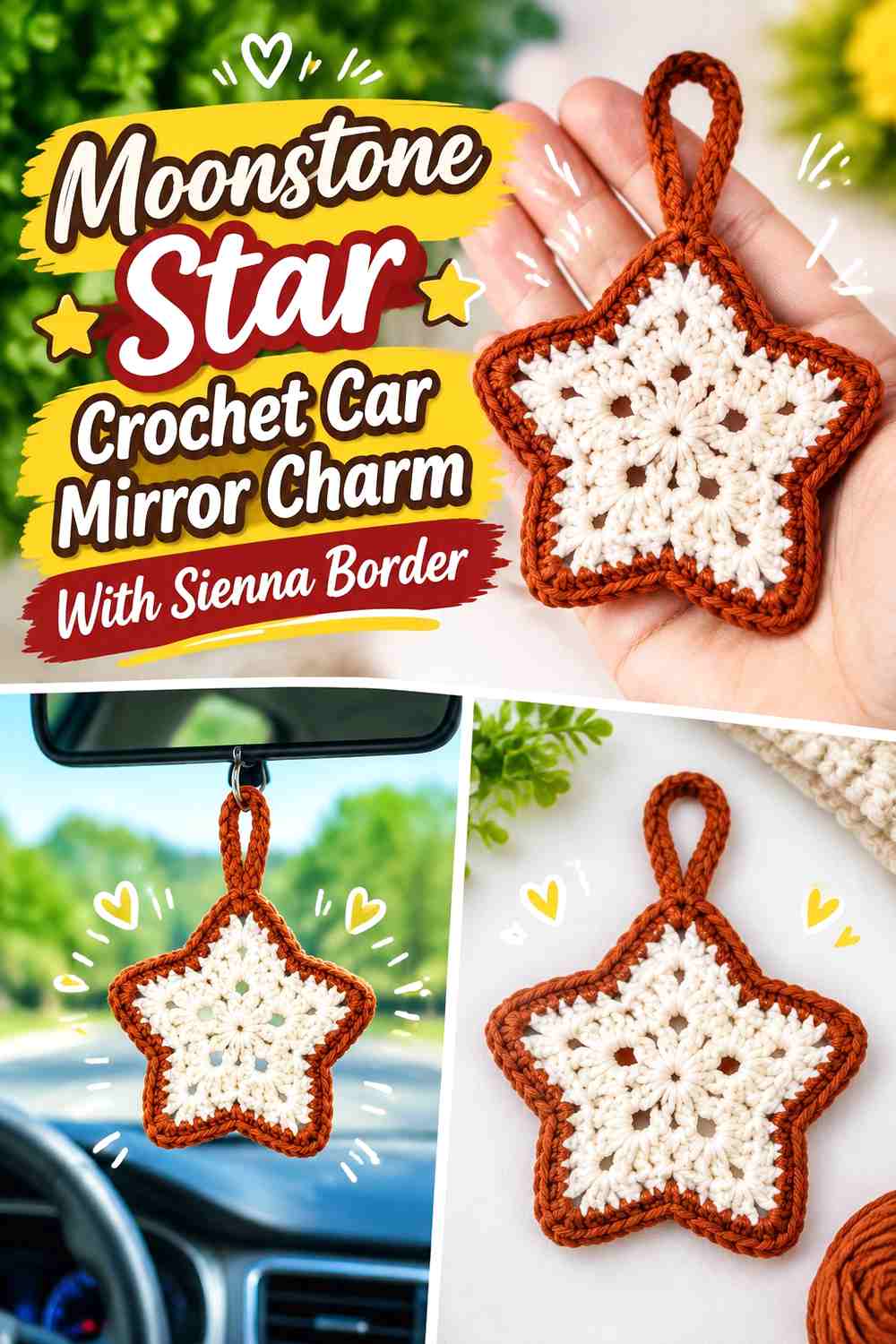 5. Moonstone Star Crochet Car Mirror Charm With Sienna Border