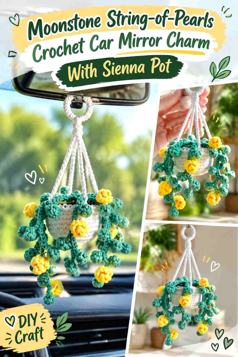 9. Moonstone String Of Pearls Crochet Car Mirror Charm With Sienna Pot