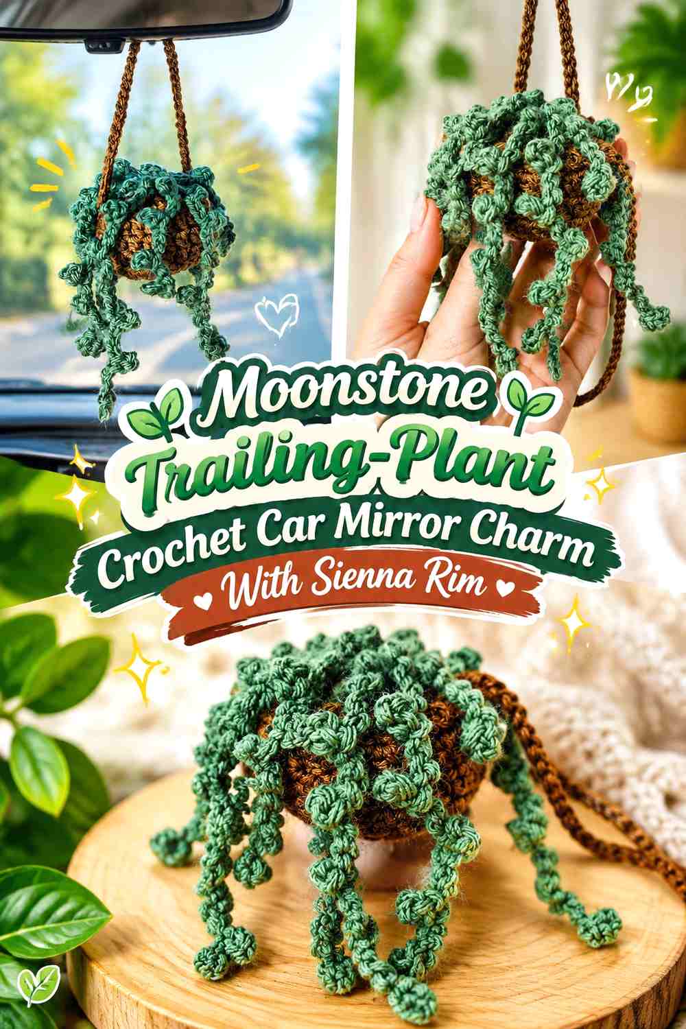 11. Moonstone Trailing Plant Crochet Car Mirror Charm With Sienna Rim