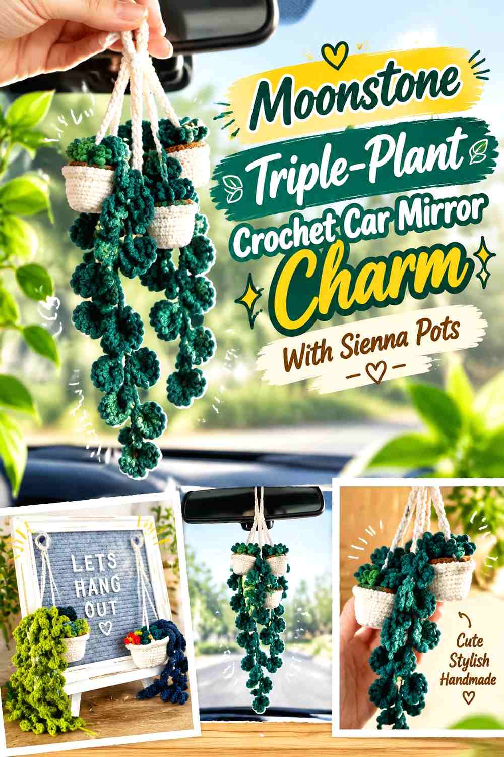 7. Moonstone Triple Plant Crochet Car Mirror Charm With Sienna Pots