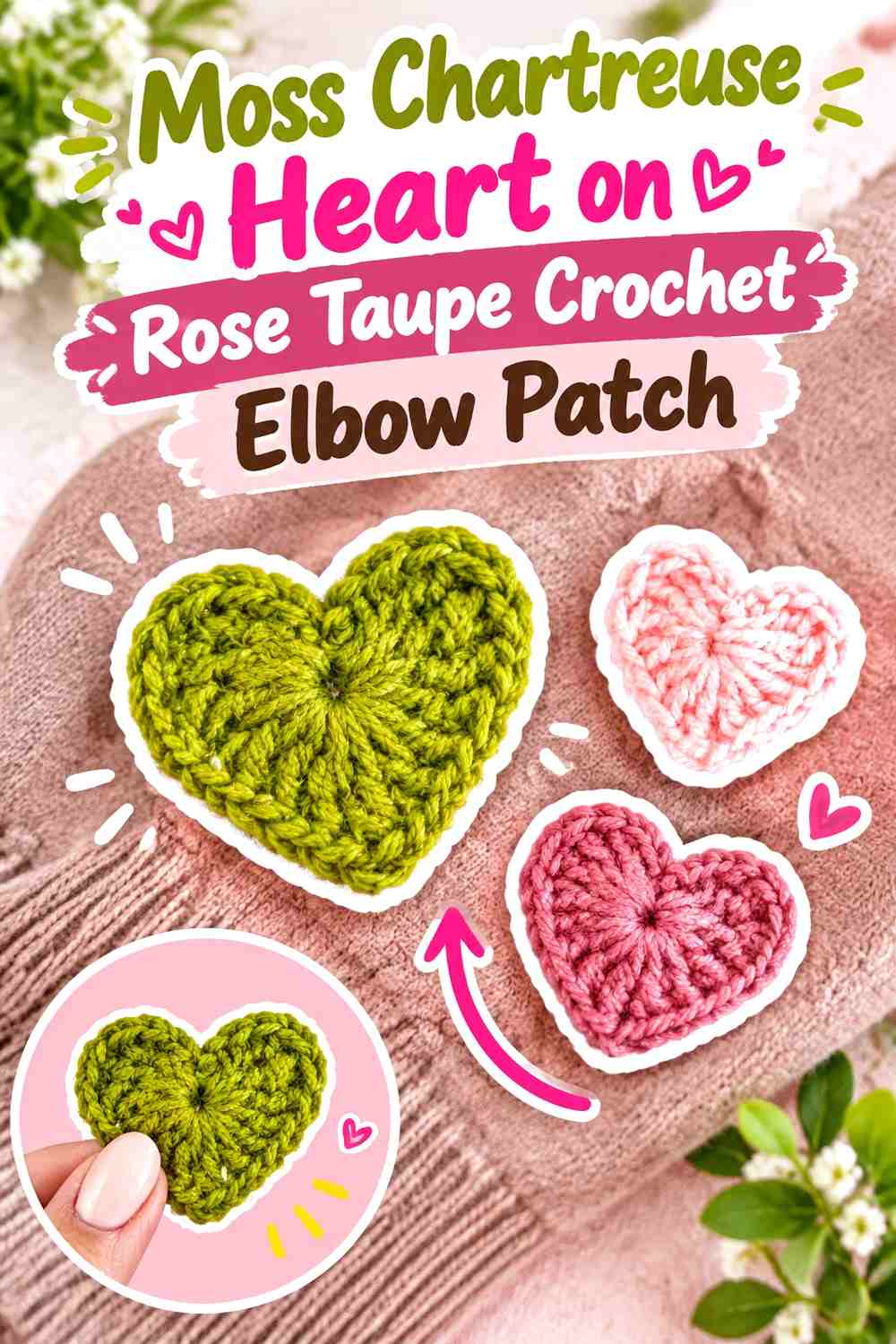 Moss Chartreuse Heart on Rose Taupe Crochet Elbow Patch