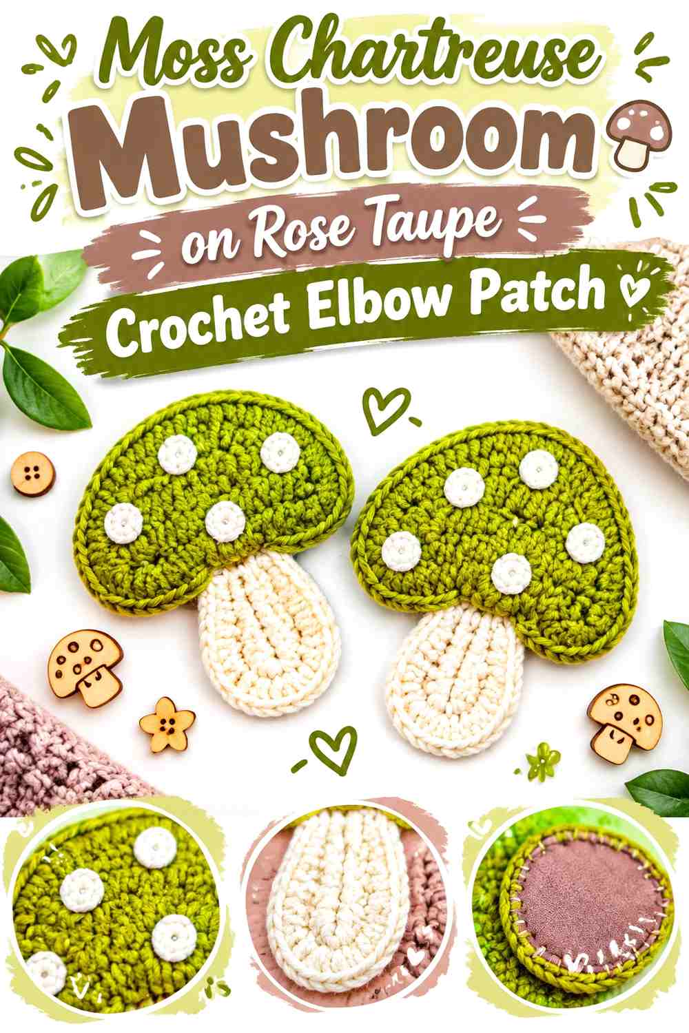 Moss Chartreuse Mushroom on Rose Taupe Crochet Elbow Patch