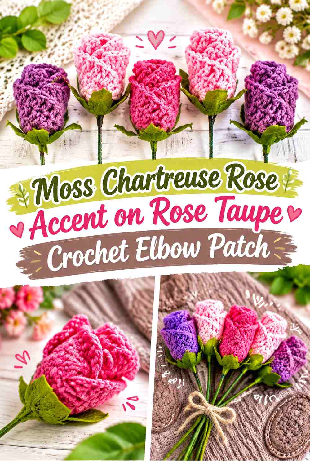 Moss Chartreuse Rose Accent on Rose Taupe Crochet Elbow Patch