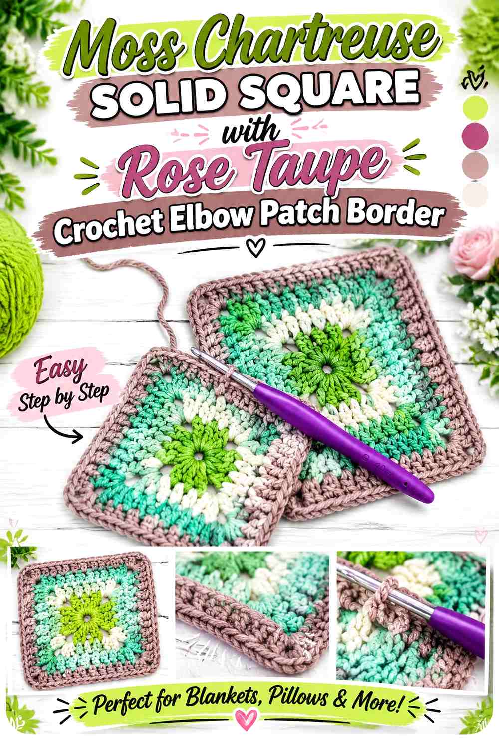 Moss Chartreuse Solid Square with Rose Taupe Crochet Elbow Patch Border