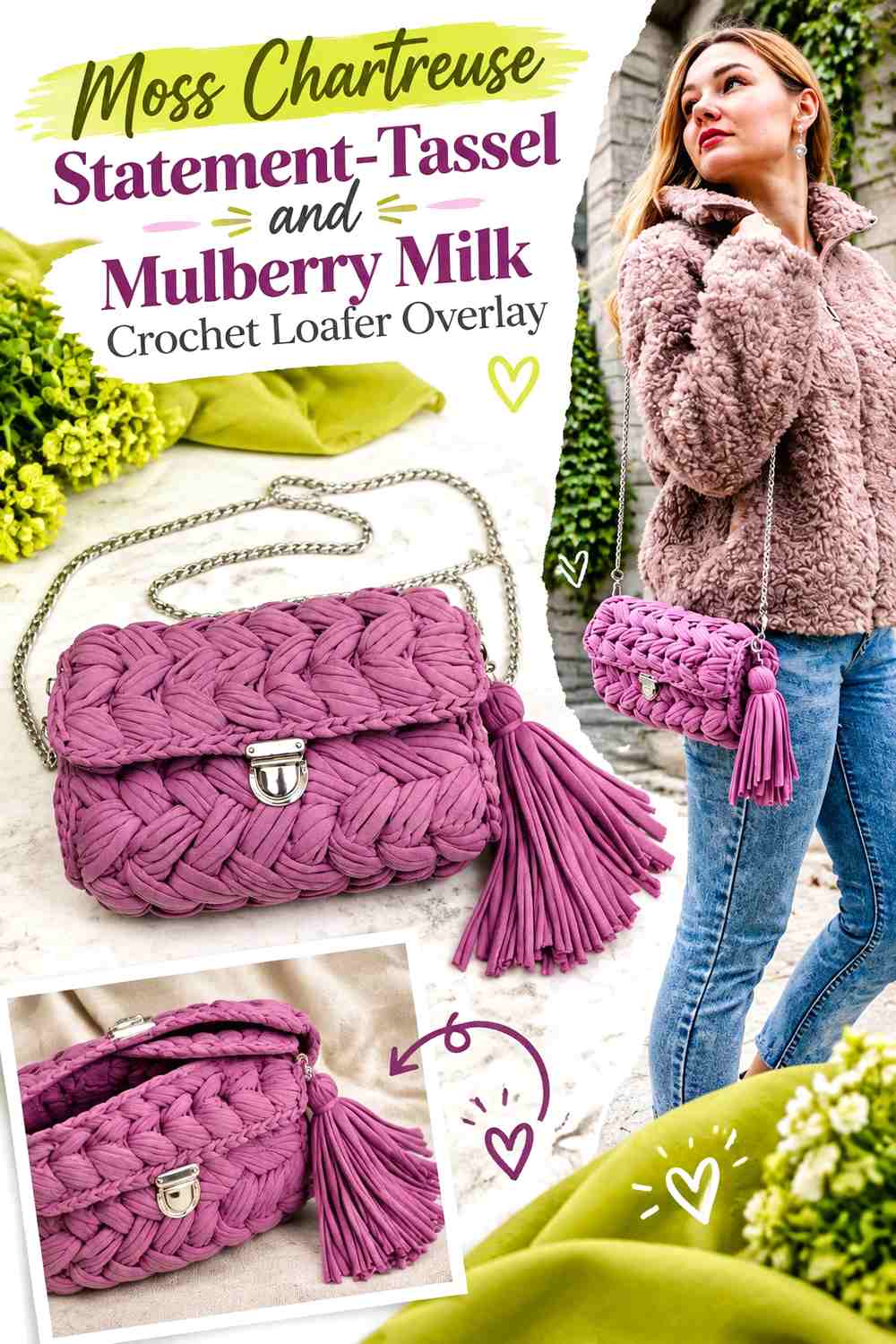 Moss Chartreuse Statement-Tassel and Mulberry Milk Crochet Loafer Overlay