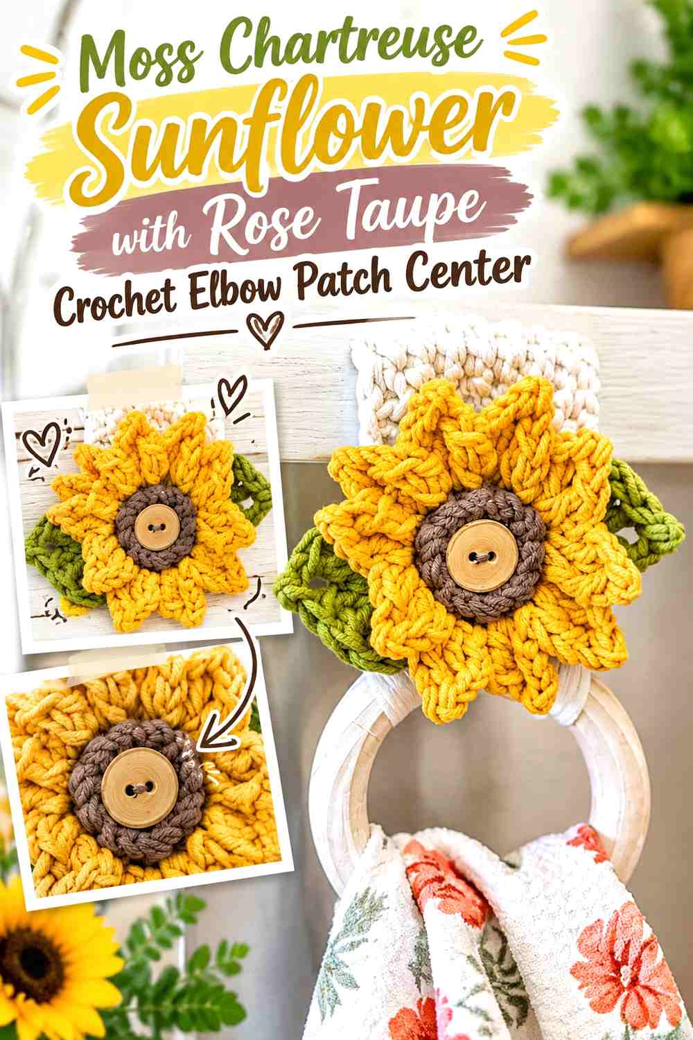 Moss Chartreuse Sunflower with Rose Taupe Crochet Elbow Patch Center