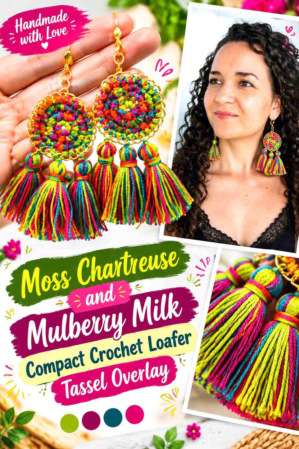 Moss Chartreuse and Mulberry Milk Compact Crochet Loafer Tassel Overlay