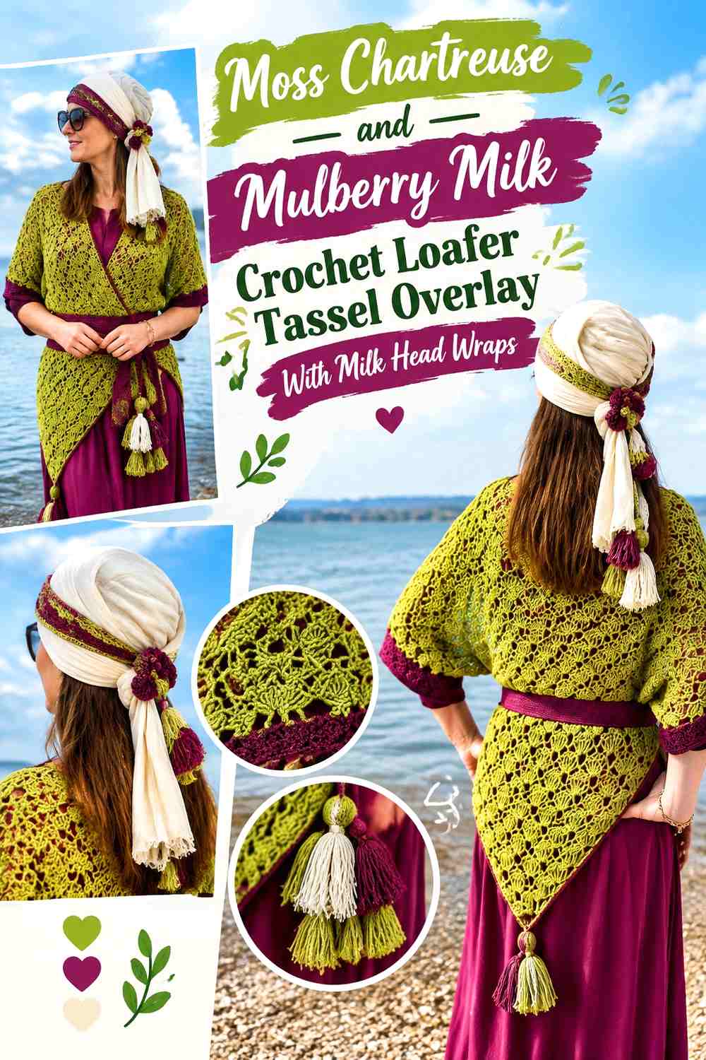 Moss Chartreuse and Mulberry Milk Crochet Loafer Tassel Overlay With Milk Head Wraps