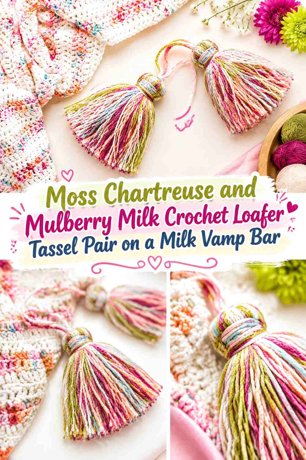 Moss Chartreuse and Mulberry Milk Crochet Loafer Tassel Pair on a Milk Vamp Bar