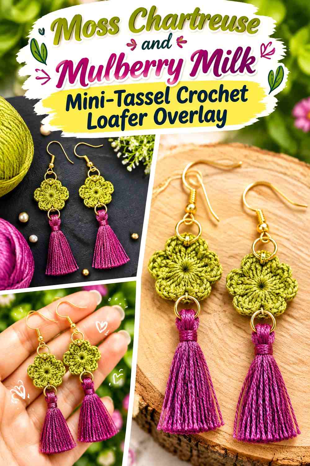 Moss Chartreuse and Mulberry Milk Mini-Tassel Crochet Loafer Overlay