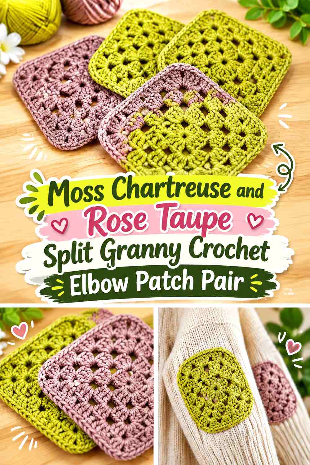 Moss Chartreuse and Rose Taupe Split Granny Crochet Elbow Patch Pair