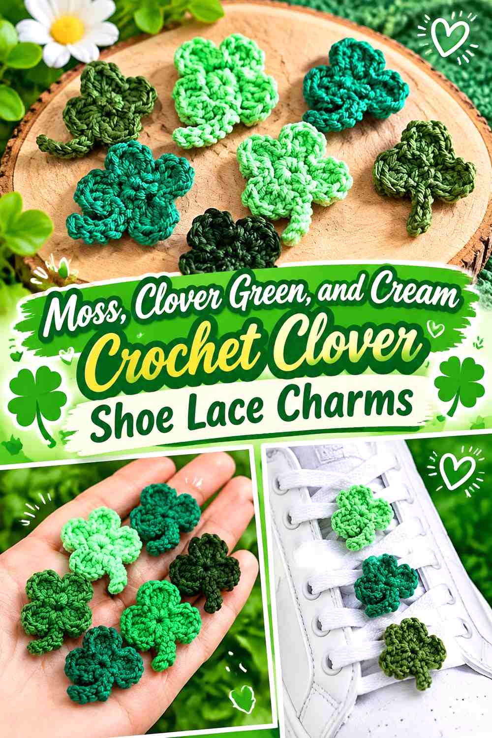 Moss, Clover Green, and Cream Crochet Clover Shoe Lace Charms