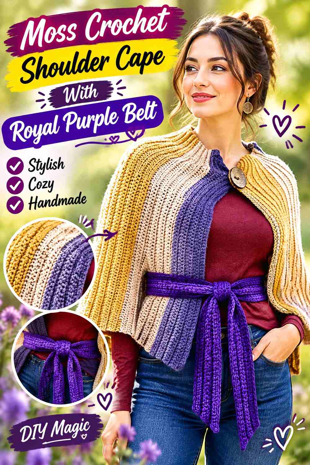 5. Moss Crochet Shoulder Cape With Royal Purple Belt