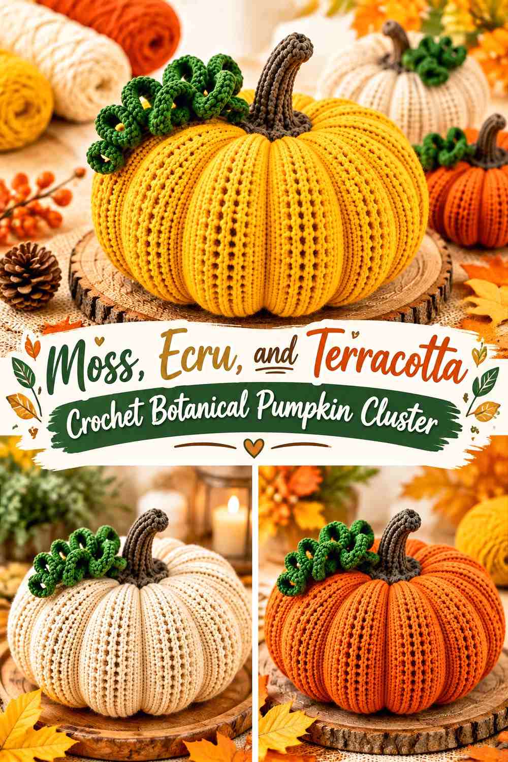 Moss, Ecru, and Terracotta Crochet Botanical Pumpkin Cluster