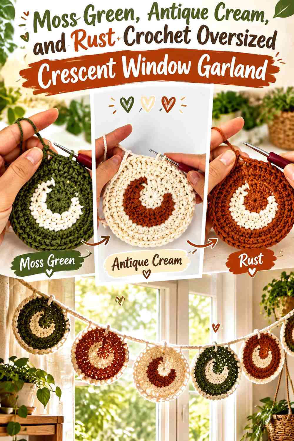 Moss Green, Antique Cream, and Rust Crochet Oversized Crescent Window Garland