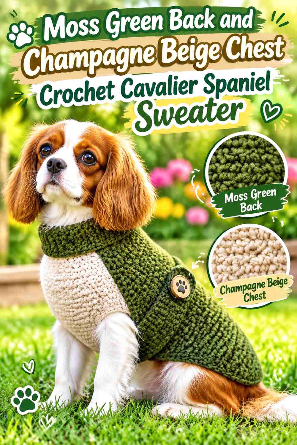 Moss Green Back and Champagne Beige Chest Crochet Cavalier Spaniel Sweater