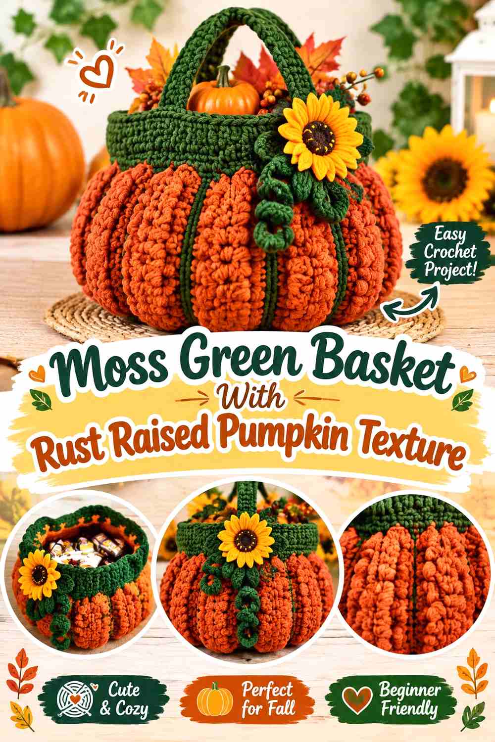 12. Moss Green Basket With Rust Raised Pumpkin Texture