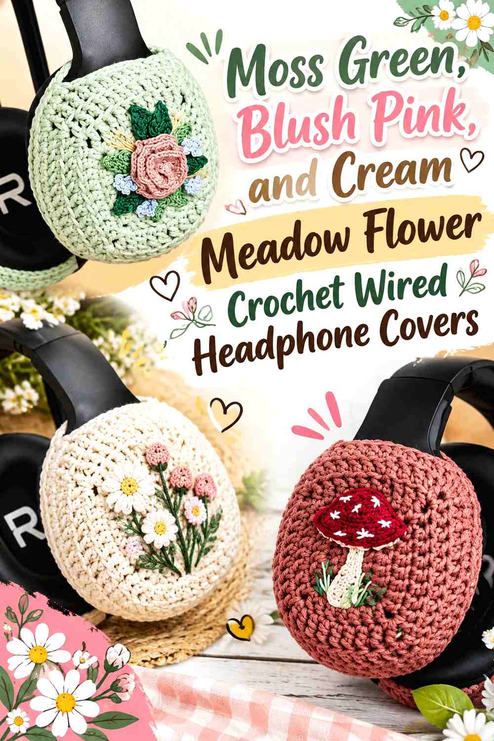 Moss Green, Blush Pink, and Cream Meadow Flower Crochet Wired Headphone Covers