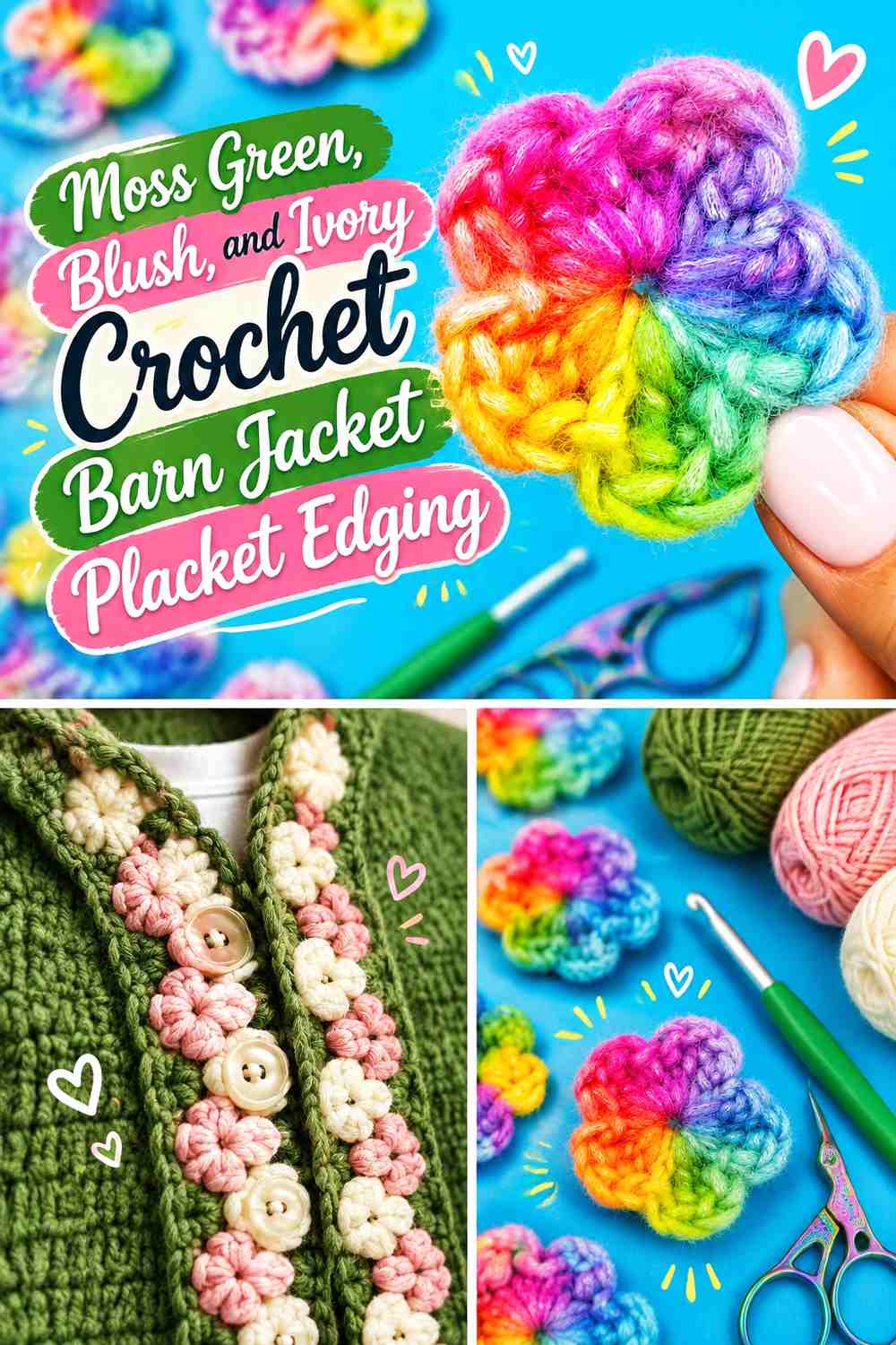Moss Green, Blush, and Ivory Crochet Barn Jacket Placket Edging