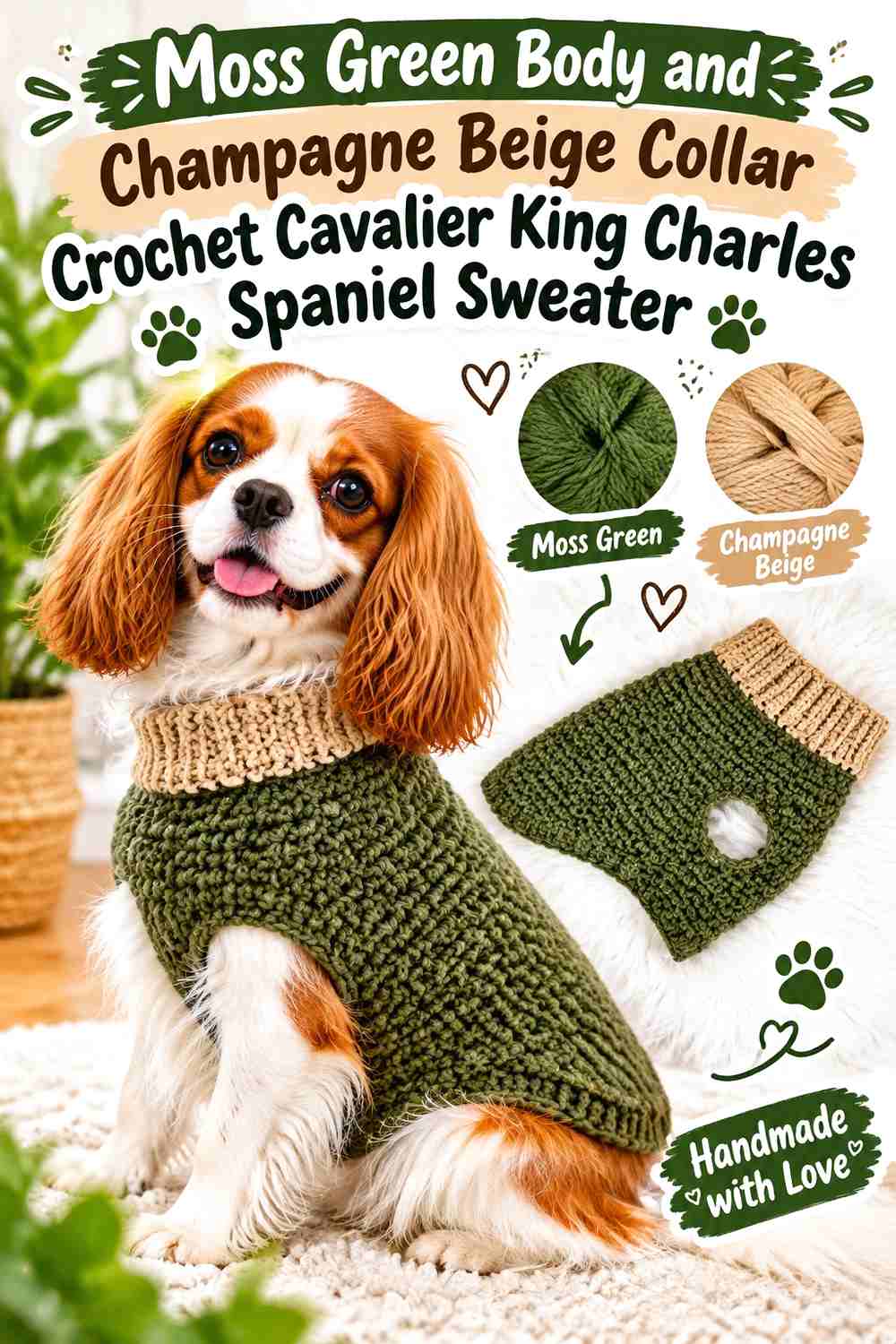Moss Green Body and Champagne Beige Collar Crochet Cavalier Spaniel Sweater