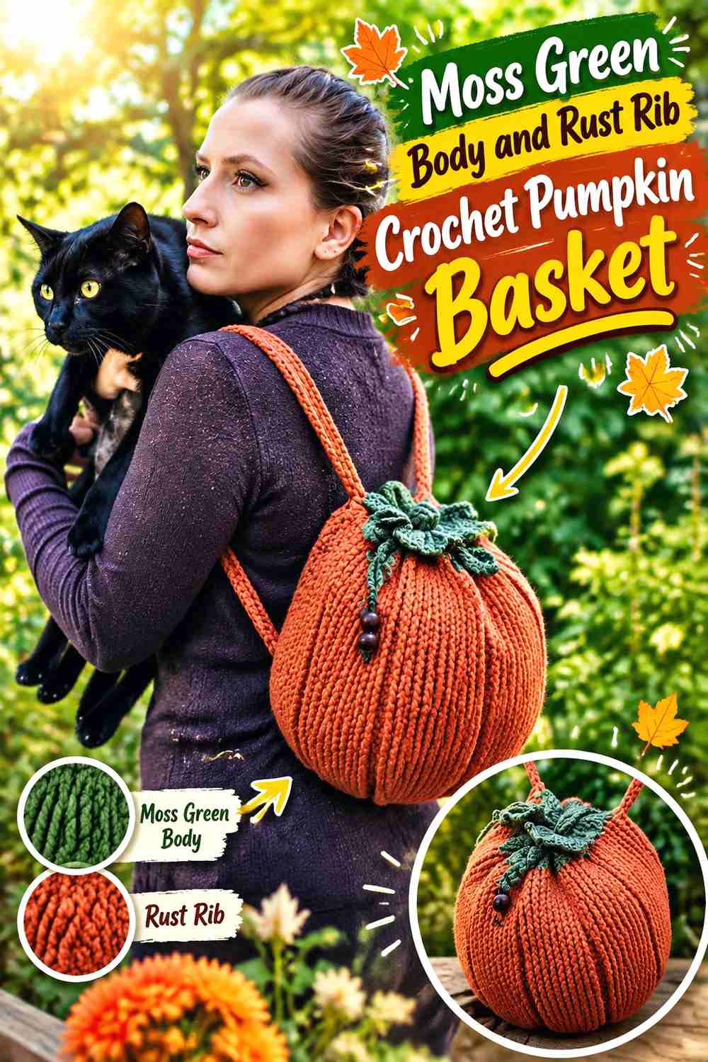 1. Moss Green Body And Rust Rib Crochet Pumpkin Basket